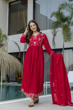 The52 Women's Beautiful Vichitra Silk Fabric Embroidery Work Flared Anarkali Pant and Dupatta Set - Distacart