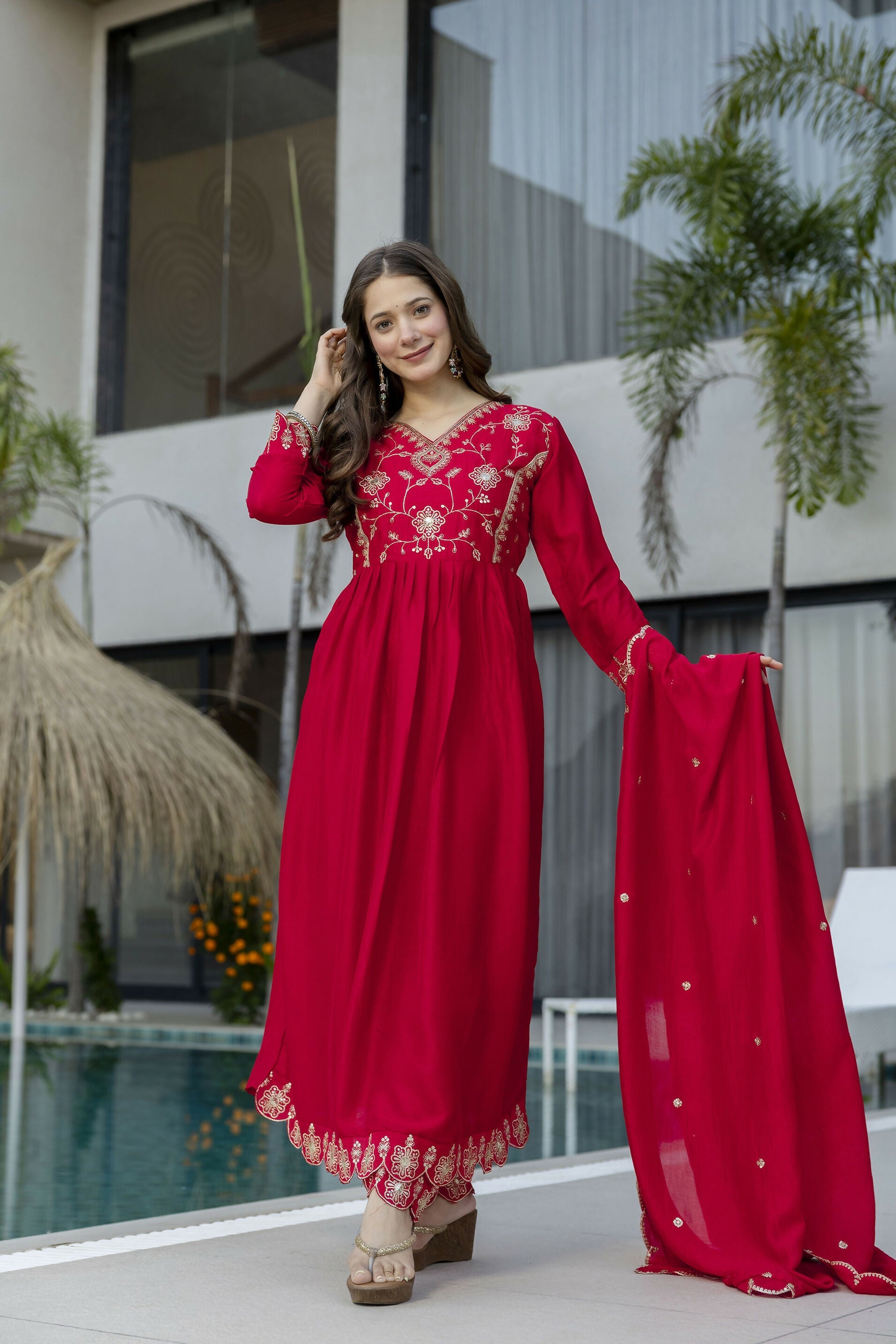 The52 Women's Beautiful Vichitra Silk Fabric Embroidery Work Flared Anarkali Pant and Dupatta Set - Distacart