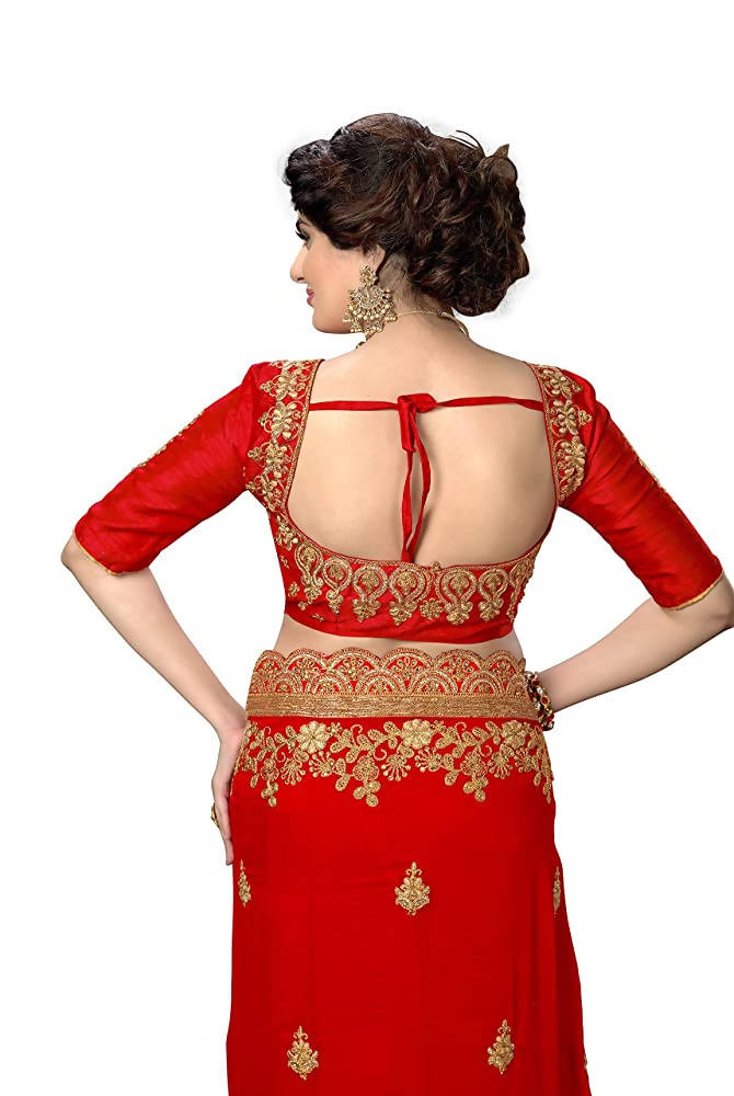 Sarvadarshi Fashion Women's Red Fabric Silk Heavy Work Embroidery Saree With Blouse Piece