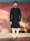 Joban Fashion Men's Blue Base Straight Velvet Thread And Sequence Embroidary All Over Indo-Western Kurta Set
