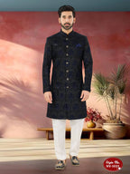 Joban Fashion Men's Blue Base Straight Velvet Thread And Sequence Embroidary All Over Indo-Western Kurta Set