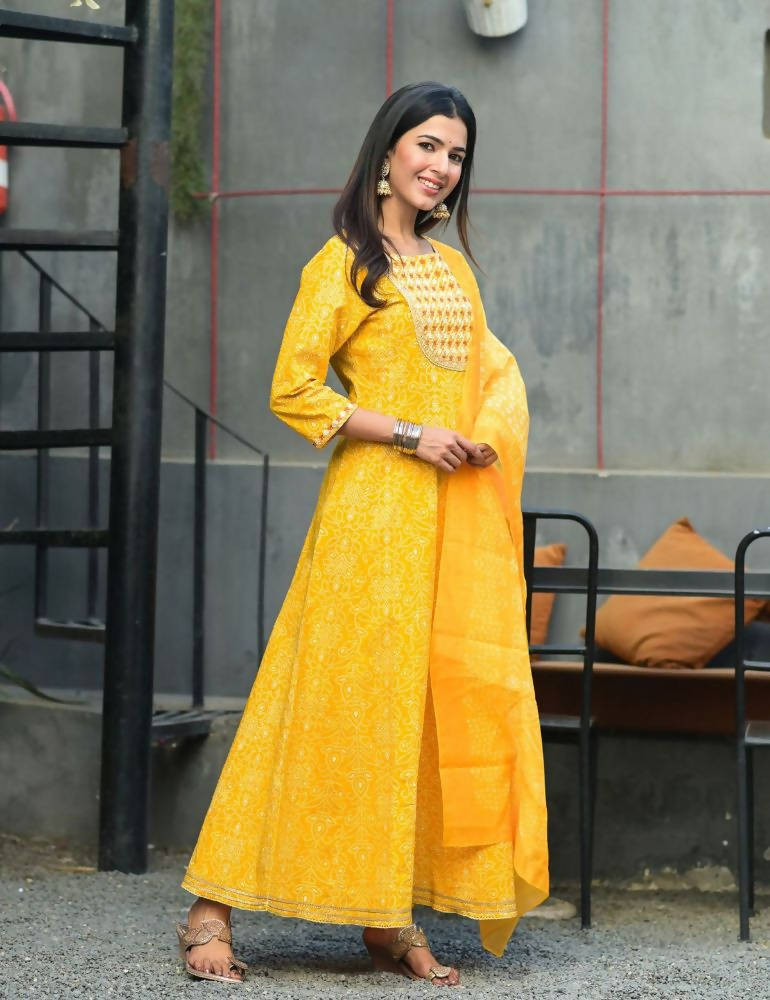 Yufta Women Mustard Handblock Printed Kurta with Trouser & Dupatta