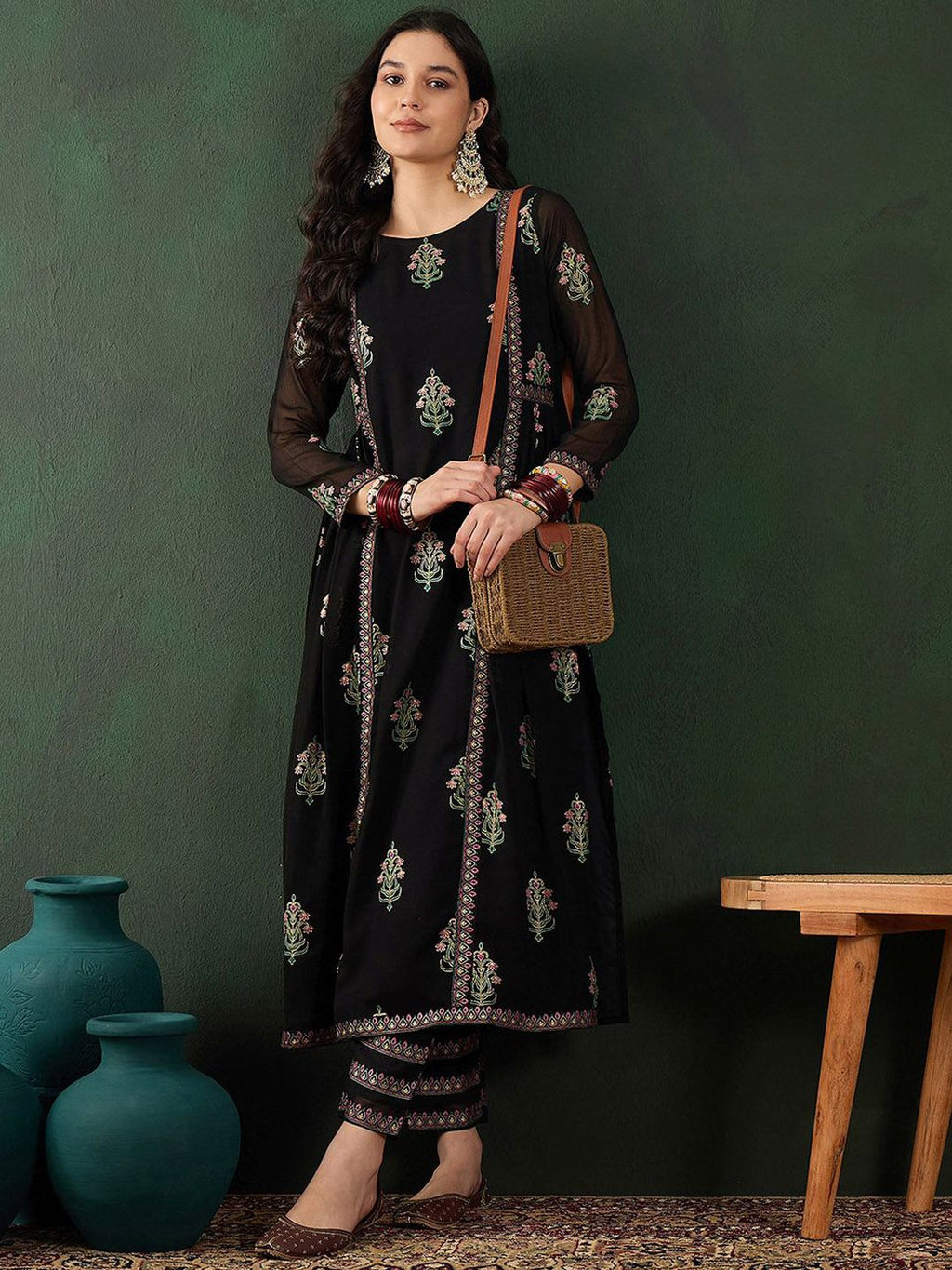 Sangria Floral Printed A-Line Kurta With Trouser