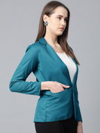 Jompers Women Teal Blue Solid Single-Breasted Smart Casual Blazer - Distacart
