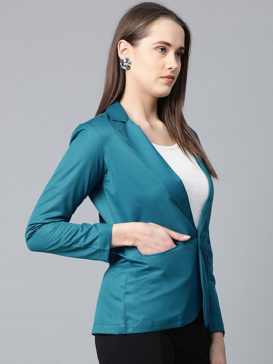 Jompers Women Teal Blue Solid Single-Breasted Smart Casual Blazer - Distacart