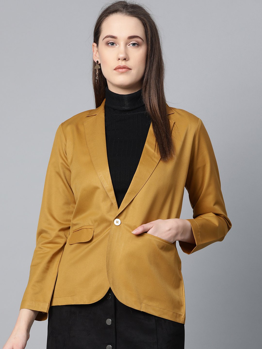 Jompers Women Mustard Solid Single-Breasted Smart Casual Blazer - Distacart