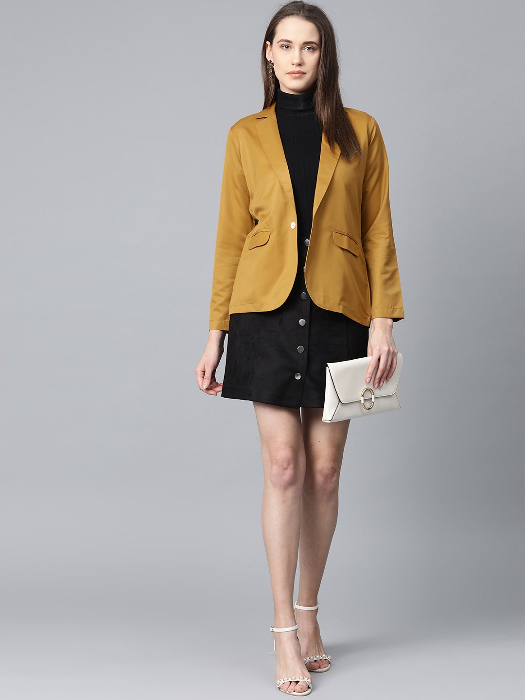 Jompers Women Mustard Solid Single-Breasted Smart Casual Blazer - Distacart