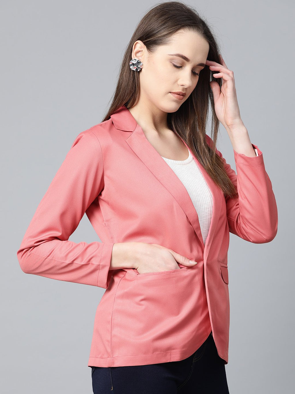 Jompers Women Peach Solid Single-Breasted Smart Casual Blazer - Distacart