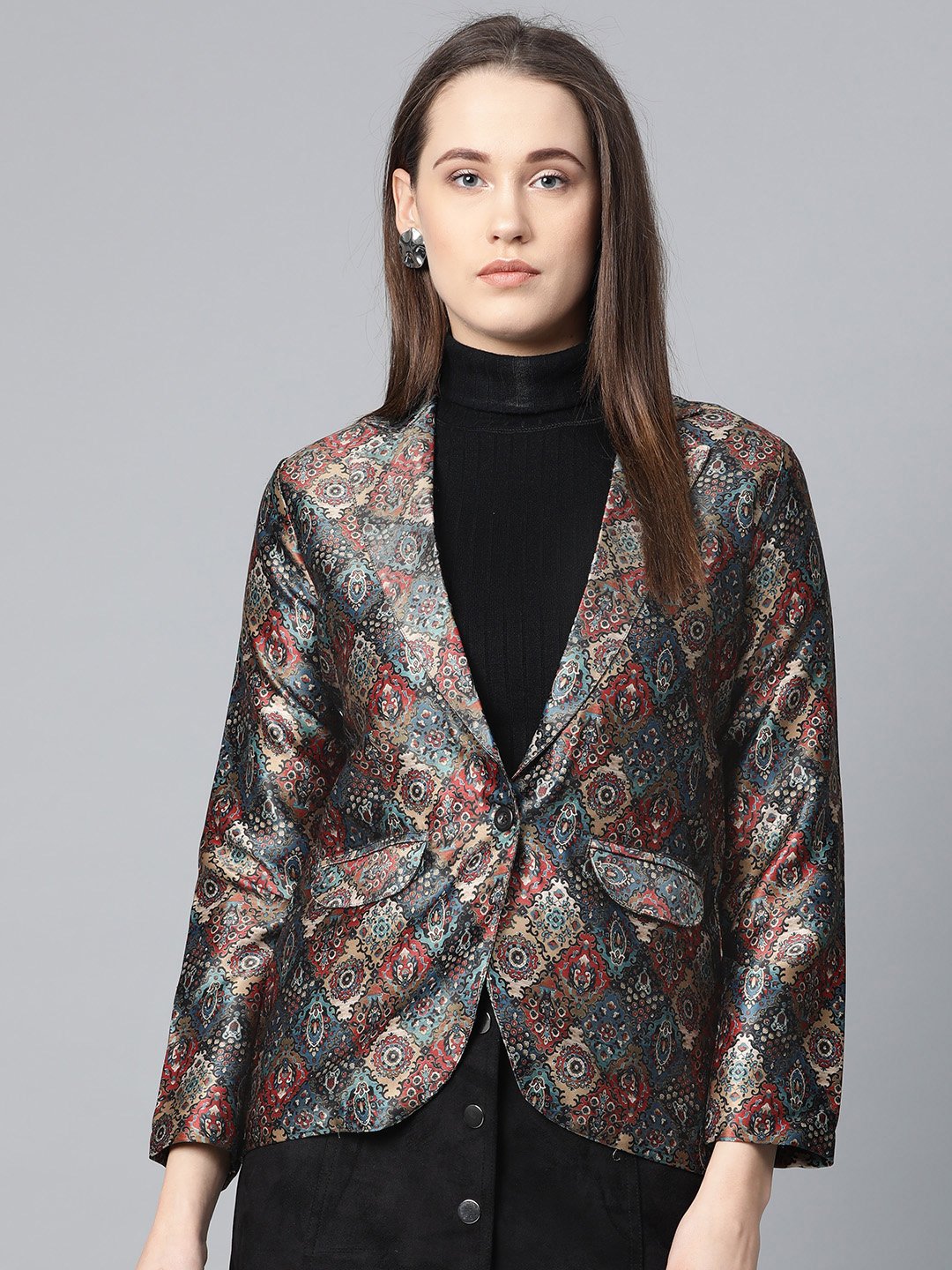 Jompers Women Blue & Maroon Satin Finish Printed Single-Breasted Blazer - Distacart