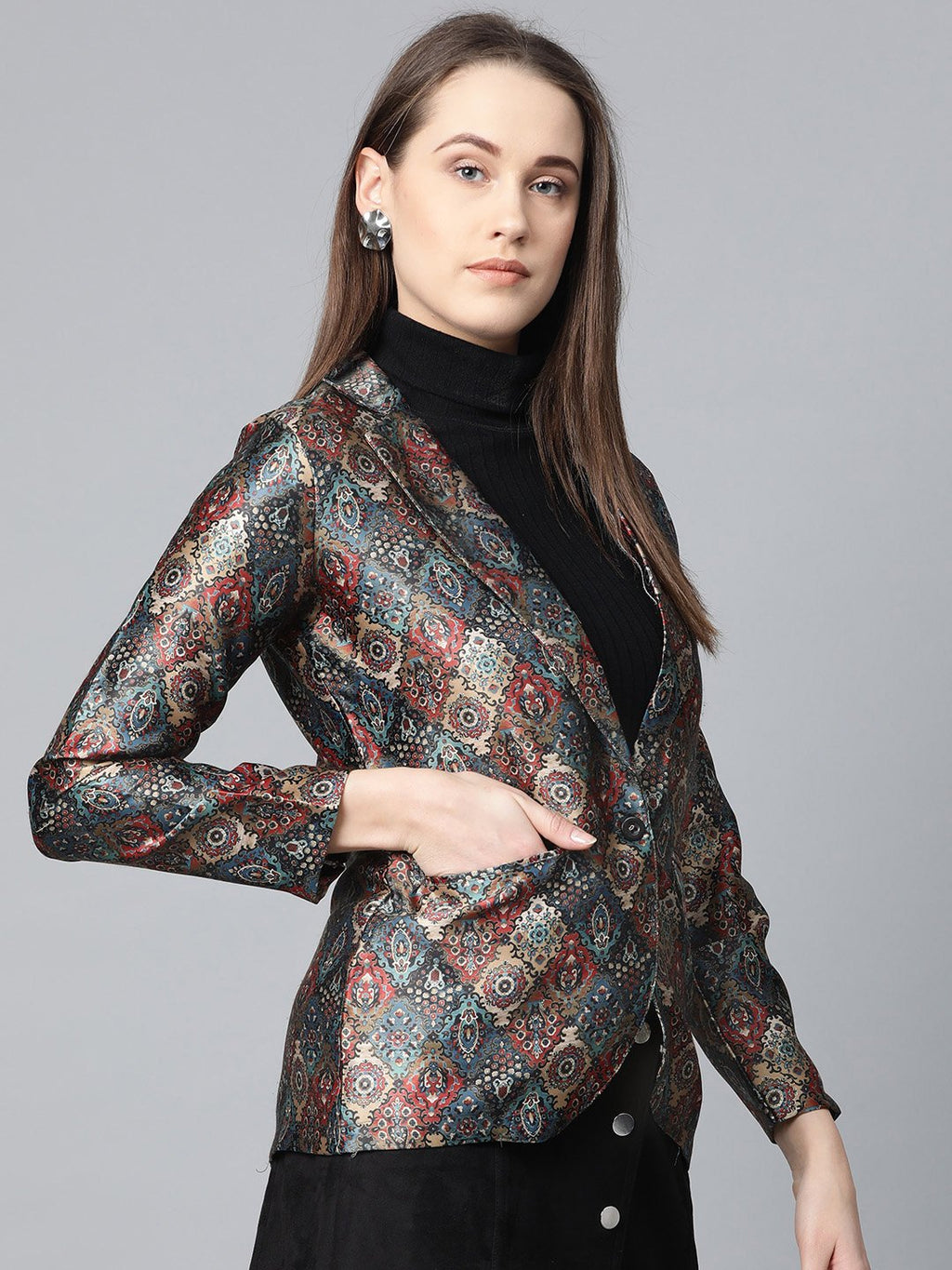 Jompers Women Blue & Maroon Satin Finish Printed Single-Breasted Blazer - Distacart