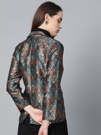 Jompers Women Blue & Maroon Satin Finish Printed Single-Breasted Blazer - Distacart