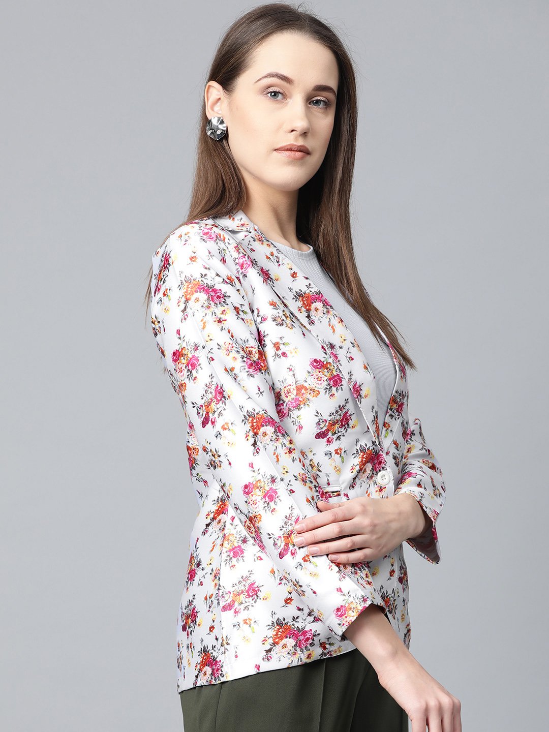 Jompers Women Grey & Pink Satin Floral Print Single-Breasted Casual Blazer - Distacart