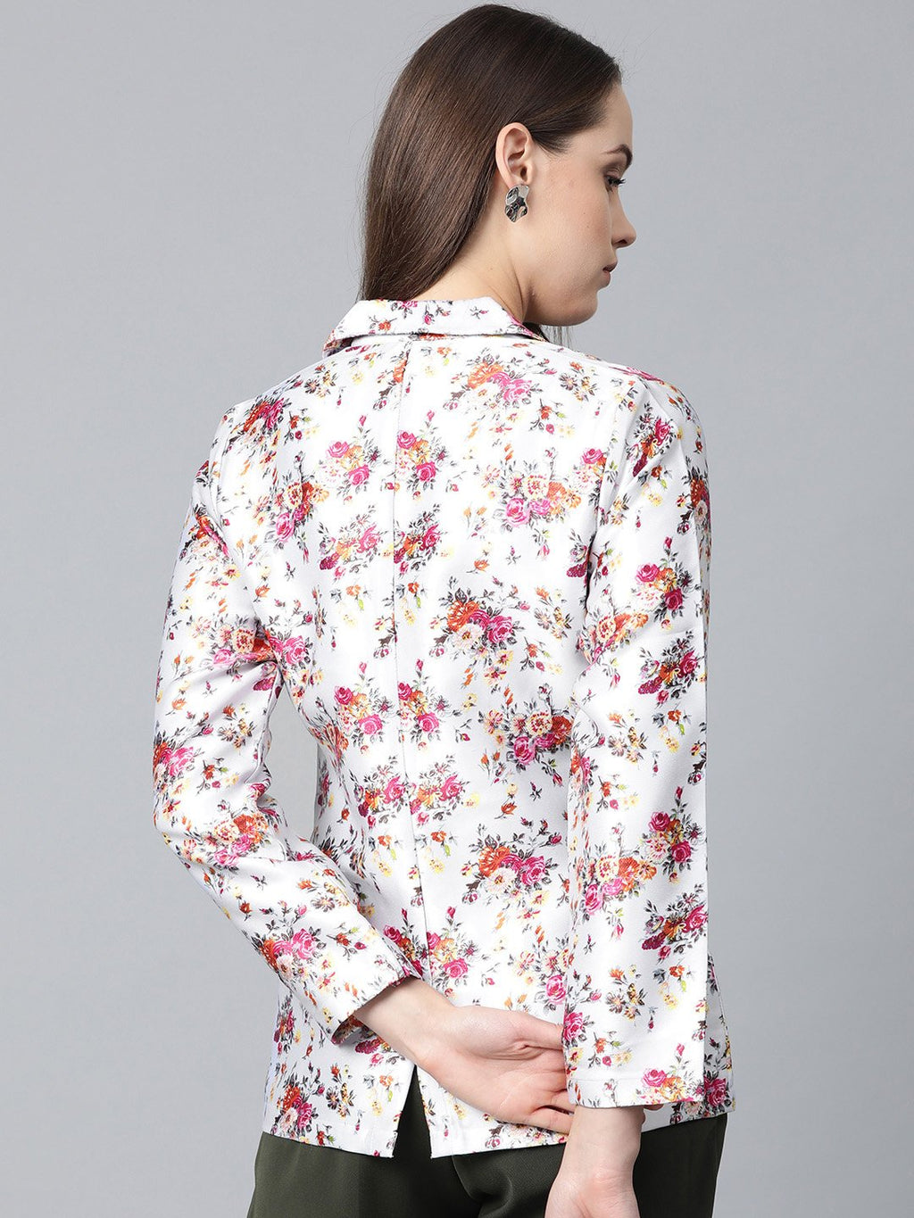Jompers Women Grey & Pink Satin Floral Print Single-Breasted Casual Blazer - Distacart