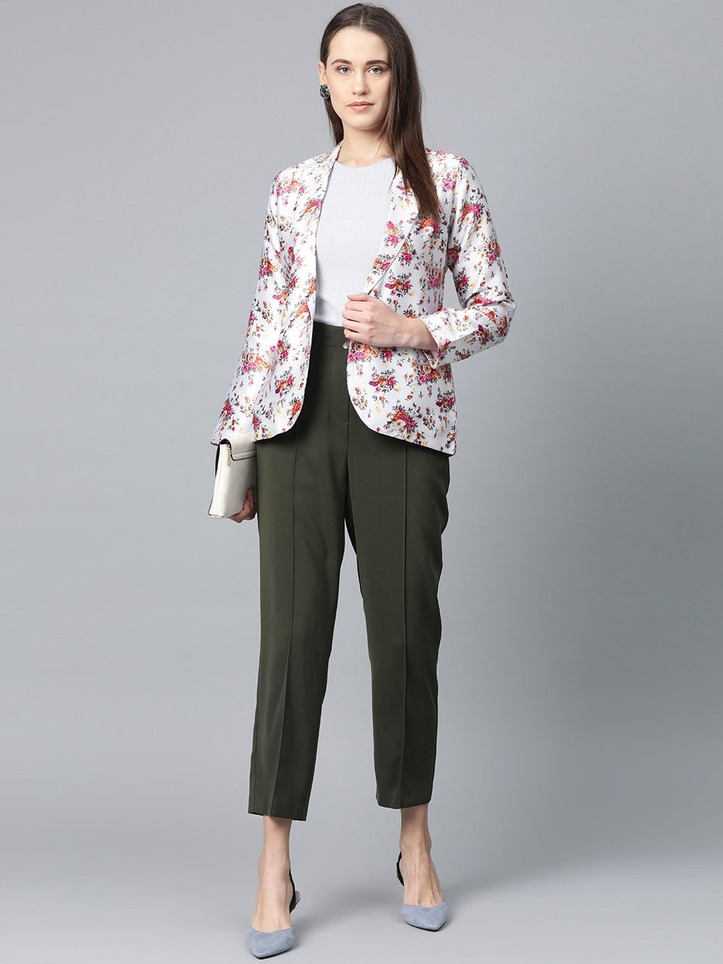 Jompers Women Grey & Pink Satin Floral Print Single-Breasted Casual Blazer - Distacart