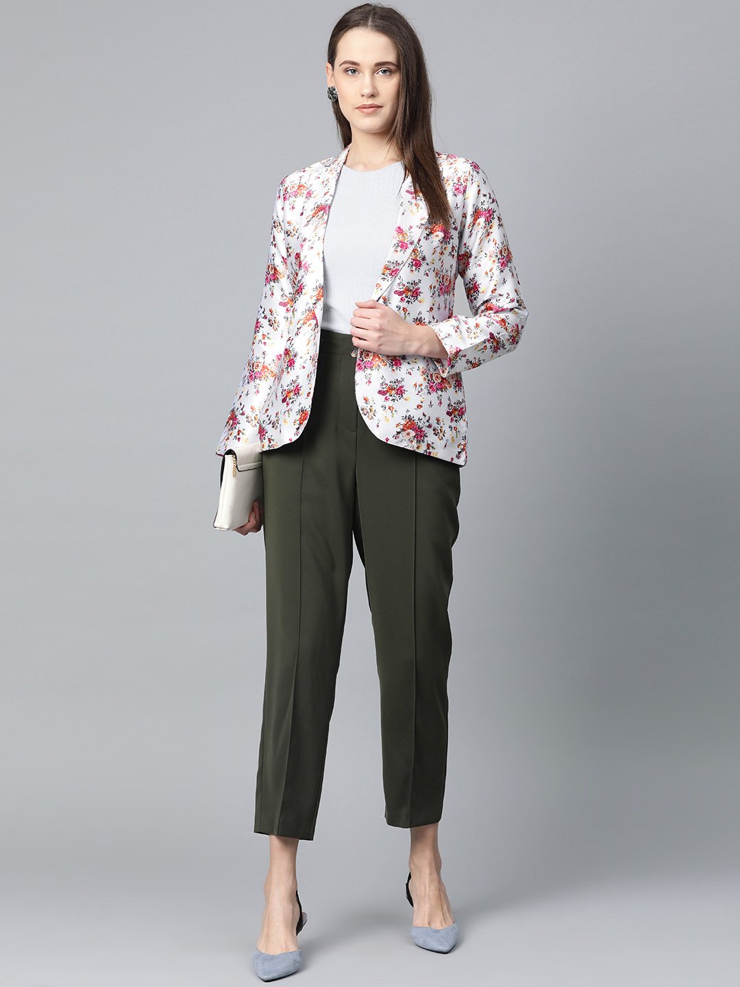 Jompers Women Grey & Pink Satin Floral Print Single-Breasted Casual Blazer - Distacart