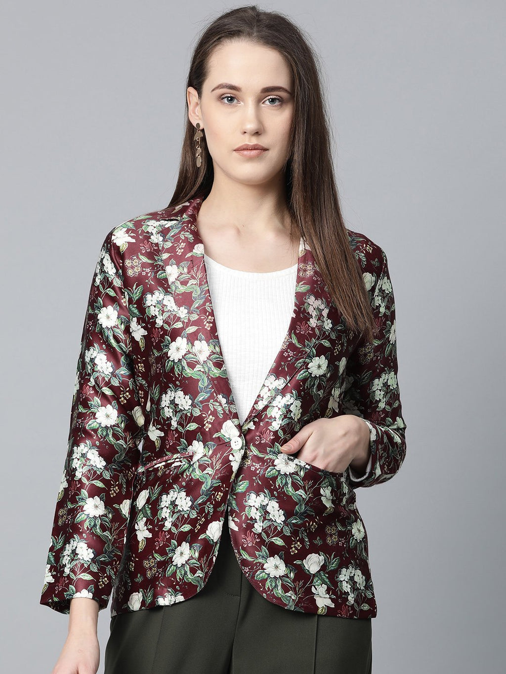 Jompers Women Maroon & Green Satin Floral Print Single-Breasted Casual Blazer - Distacart