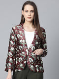 Jompers Women Maroon & Green Satin Floral Print Single-Breasted Casual Blazer - Distacart