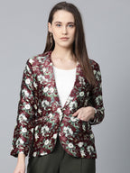 Jompers Women Maroon & Green Satin Floral Print Single-Breasted Casual Blazer - Distacart