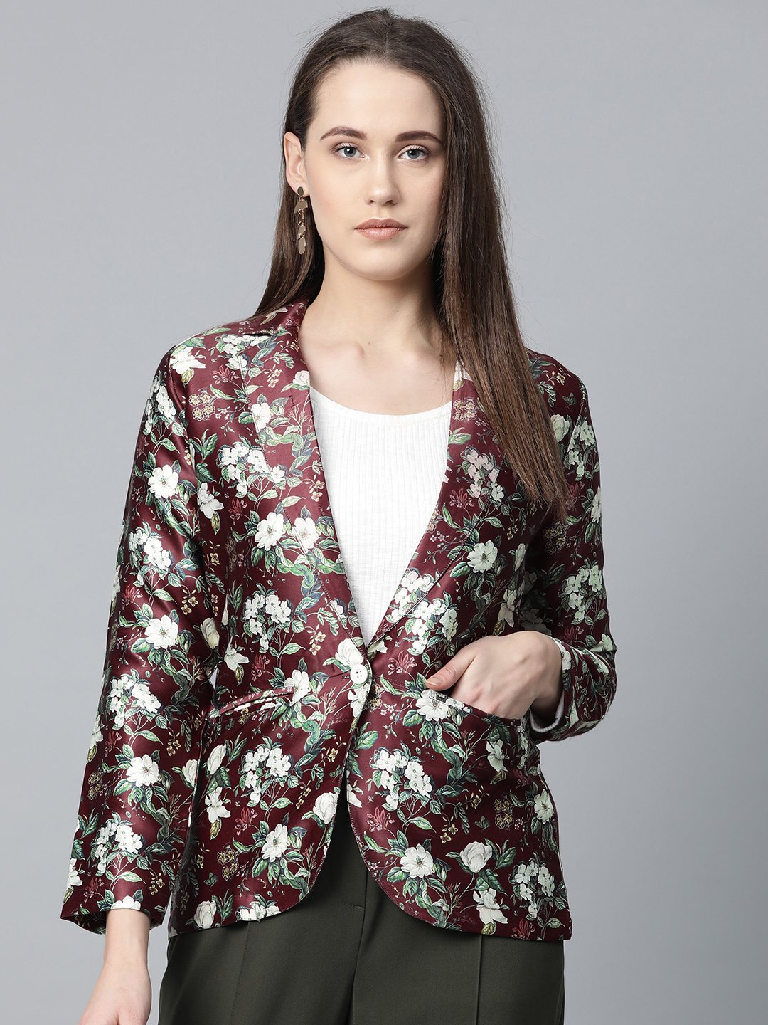 Jompers Women Maroon & Green Satin Floral Print Single-Breasted Casual Blazer - Distacart