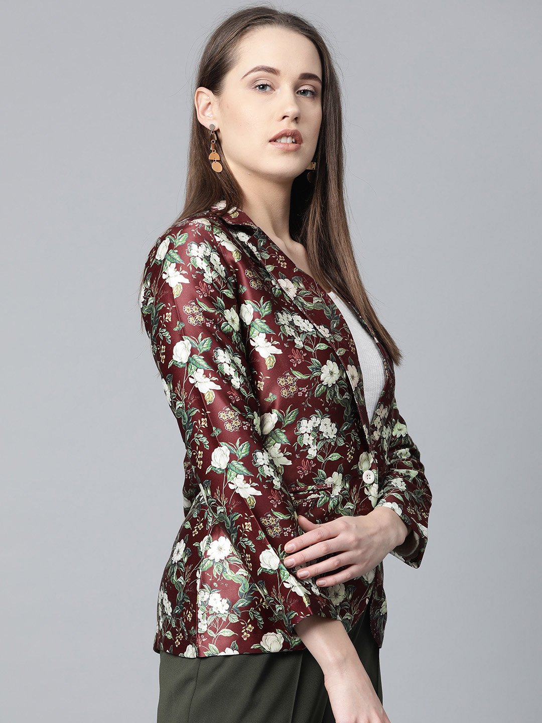 Jompers Women Maroon & Green Satin Floral Print Single-Breasted Casual Blazer - Distacart