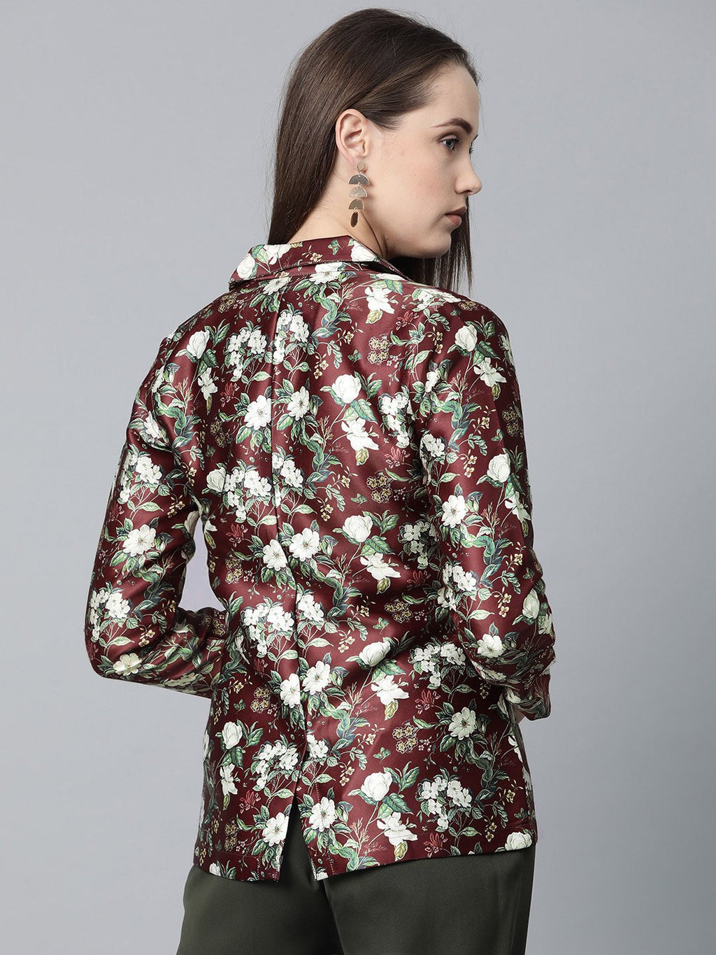 Jompers Women Maroon & Green Satin Floral Print Single-Breasted Casual Blazer - Distacart