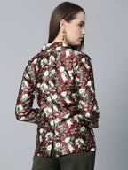 Jompers Women Maroon & Green Satin Floral Print Single-Breasted Casual Blazer - Distacart