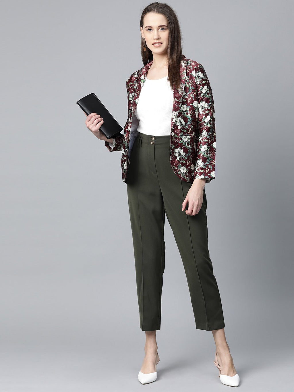Jompers Women Maroon & Green Satin Floral Print Single-Breasted Casual Blazer - Distacart