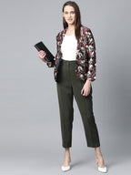 Jompers Women Maroon & Green Satin Floral Print Single-Breasted Casual Blazer - Distacart