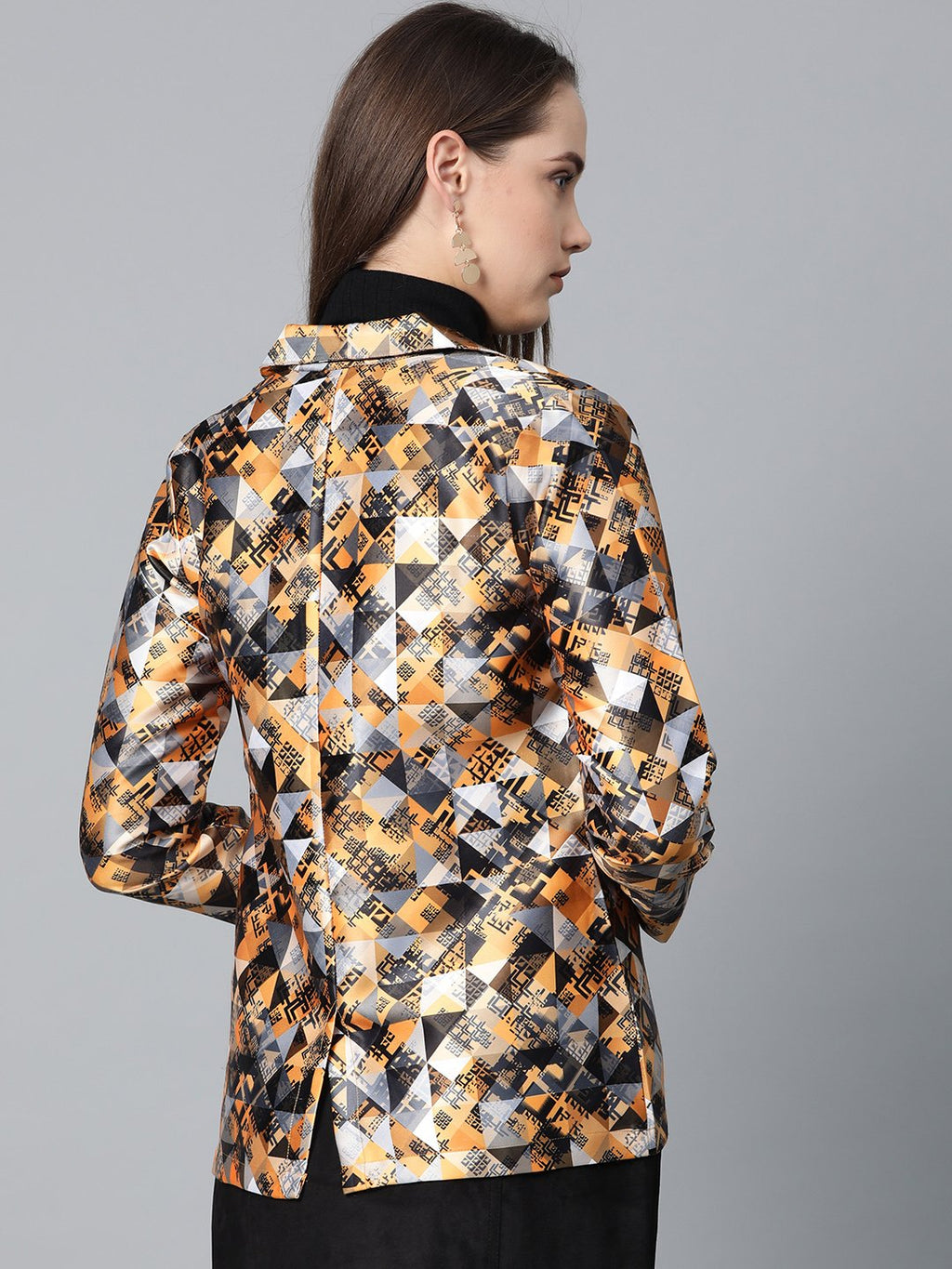 Jompers Women Mustard Yellow & Grey Satin Finish Printed Single-Breasted Blazer - Distacart