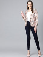 Jompers Women Peach-Coloured & Grey Satin Printed Single-Breasted Casual Blazer - Distacart