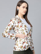 Jompers Women White & Yellow Satin Finish Floral Print Single-Breasted Blazer - Distacart