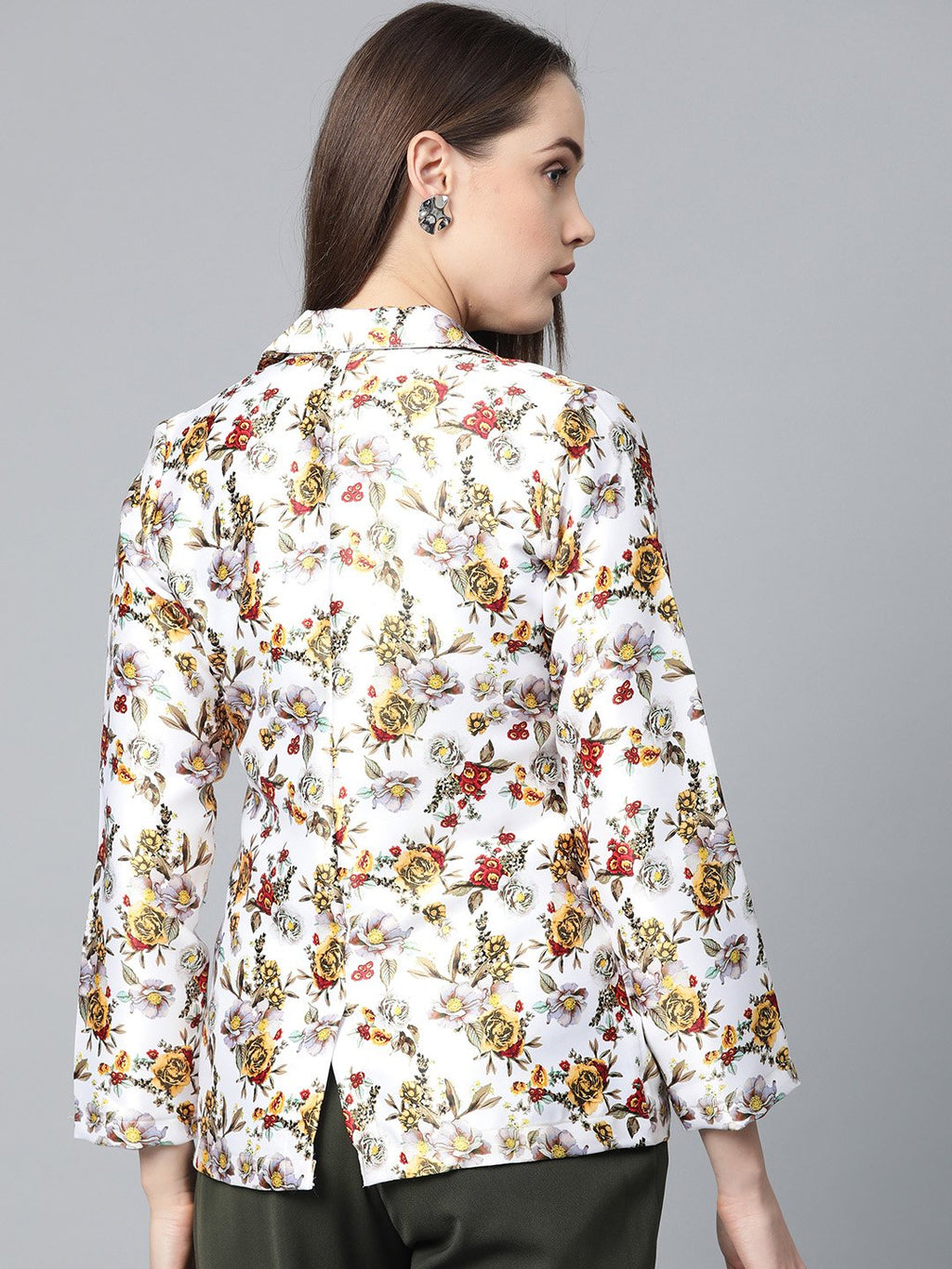 Jompers Women White & Yellow Satin Finish Floral Print Single-Breasted Blazer - Distacart
