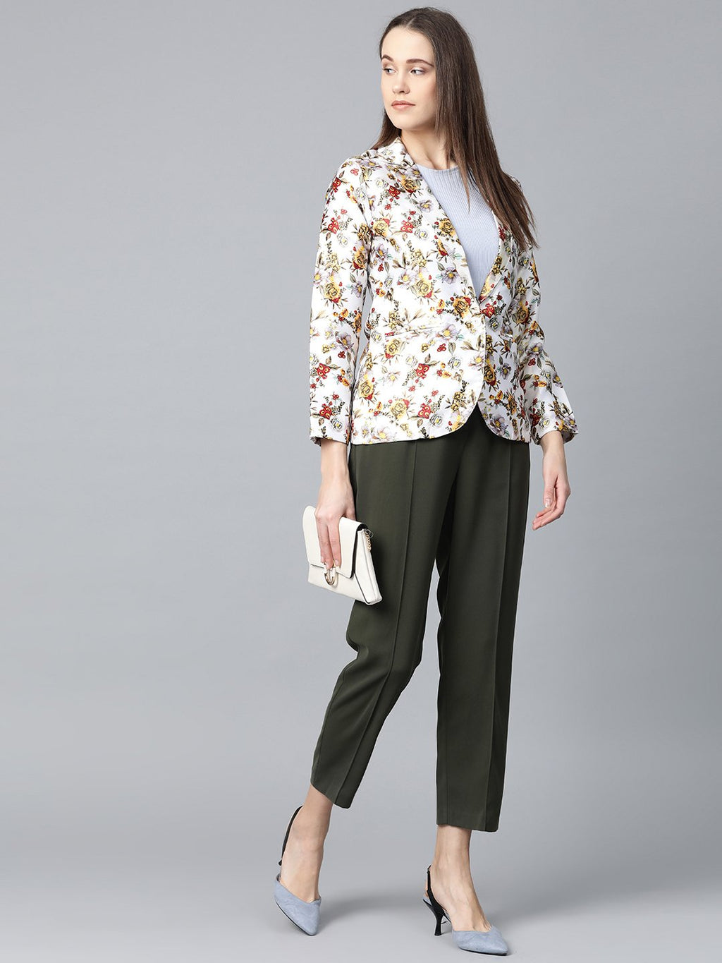 Jompers Women White & Yellow Satin Finish Floral Print Single-Breasted Blazer - Distacart