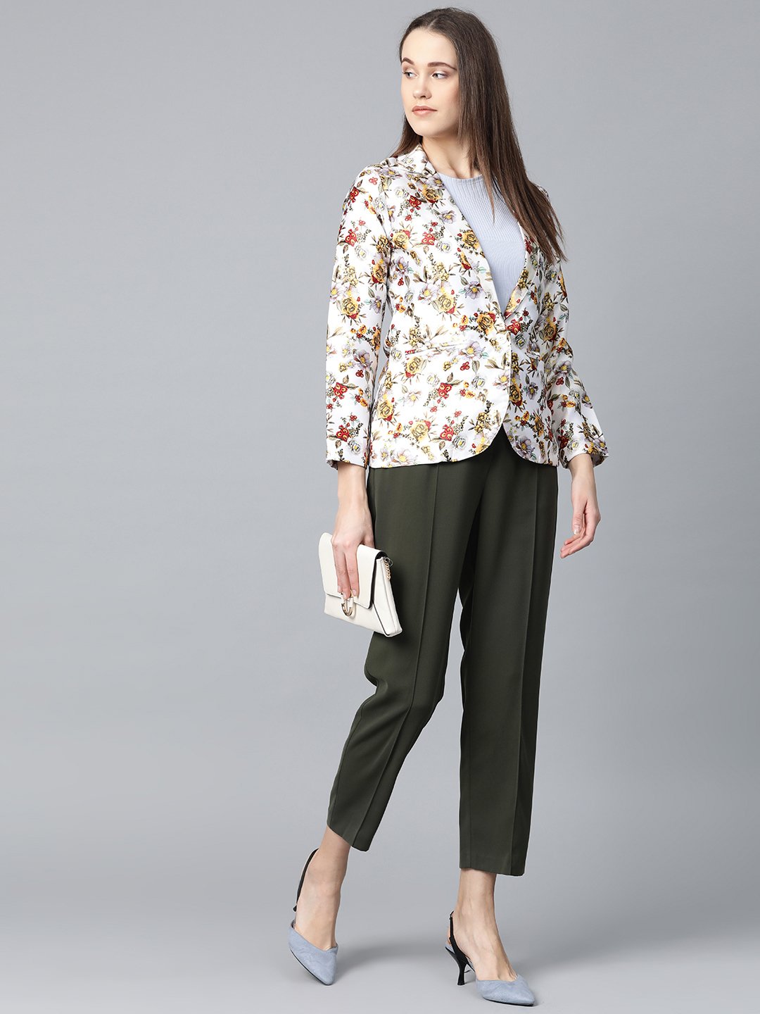 Jompers Women White & Yellow Satin Finish Floral Print Single-Breasted Blazer - Distacart