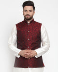 Jompers Men Maroon-Coloured & Black Woven Design Nehru Jacket - Distacart