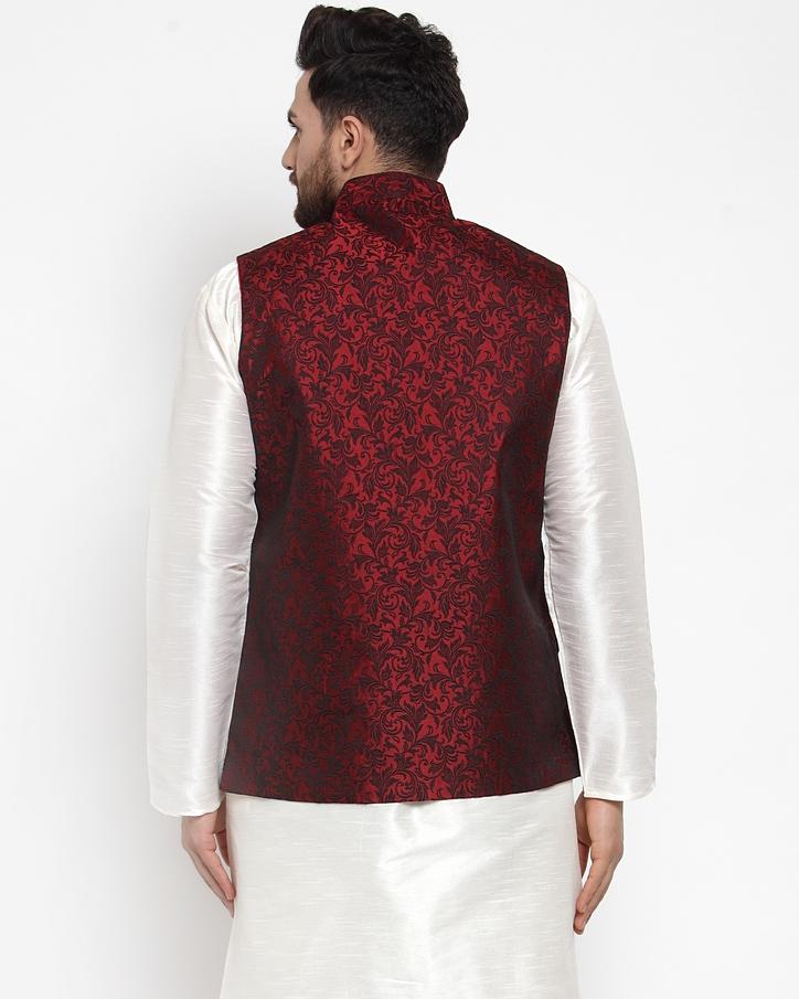 Jompers Men Maroon-Coloured & Black Woven Design Nehru Jacket - Distacart