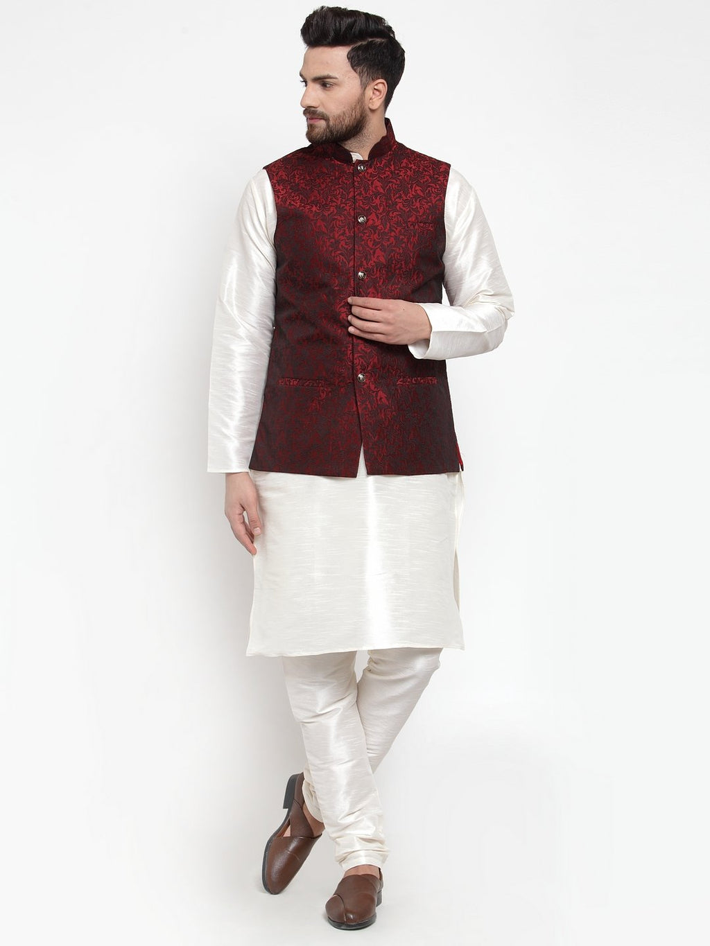 Jompers Men Maroon-Coloured & Black Woven Design Nehru Jacket - Distacart