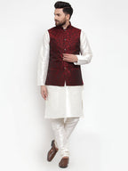 Jompers Men Maroon-Coloured & Black Woven Design Nehru Jacket - Distacart
