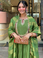 The52 Light Green Women's Gorgeous Embroidered Work Chanderi Fabric Flared Kurta Pant and Dupatta Set - Distacart