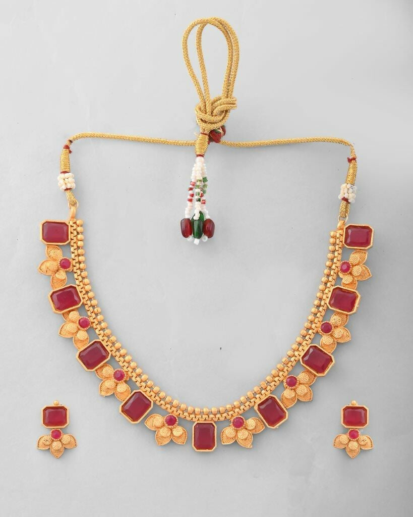 VOJ Gold-Polished Traditional Maroon Stone Studded Jewellery Set