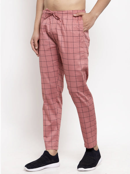 Jainish Men's Peach Checked Cotton Track Pants ( JOG 012Peach )