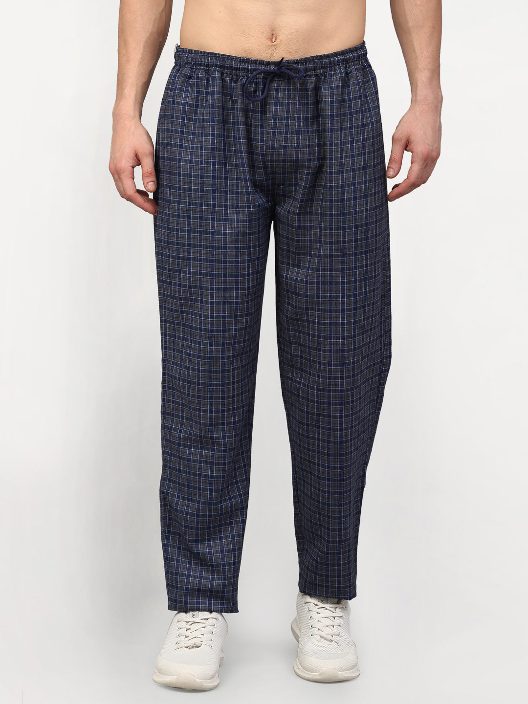 Jainish Men's Navy Blue Cotton Checked Track Pants ( JOG 017Navy-Grey ) - Distacart