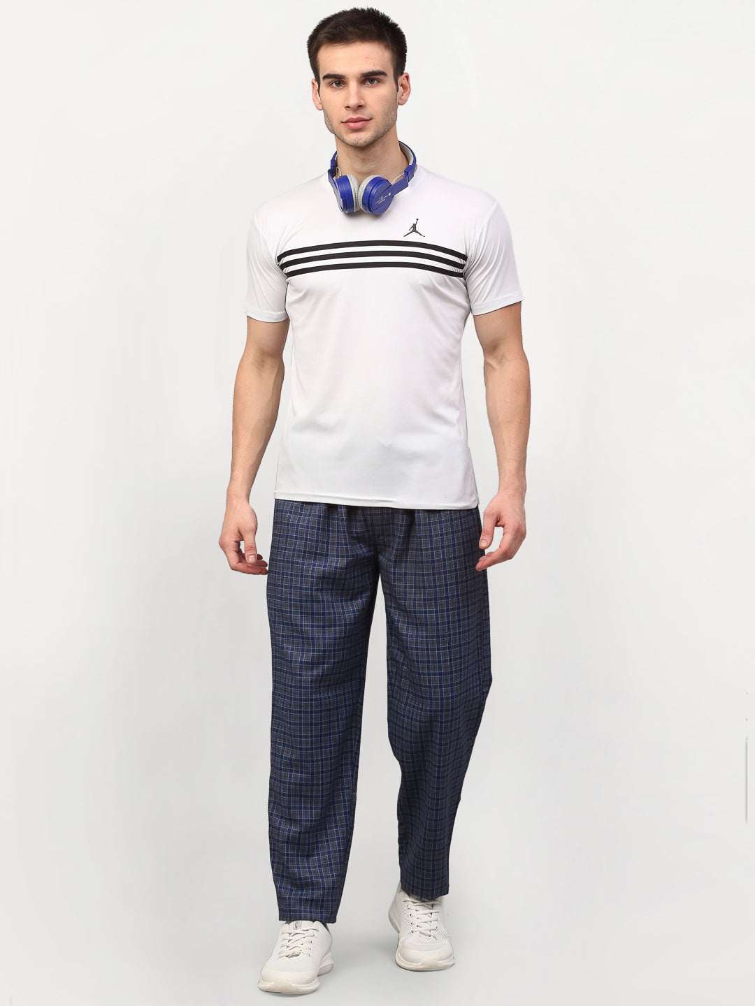 Jainish Men's Navy Blue Cotton Checked Track Pants ( JOG 017Navy-Grey ) - Distacart