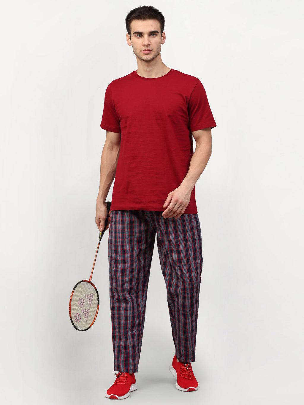 Jainish Men's Grey Cotton Checked Track Pants ( JOG 019Grey-Red ) - Distacart