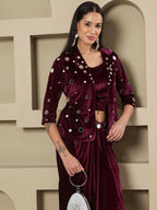 Joban Fashion Women Wine Velvet Hand Embellishment Stitched Dress - Distacart