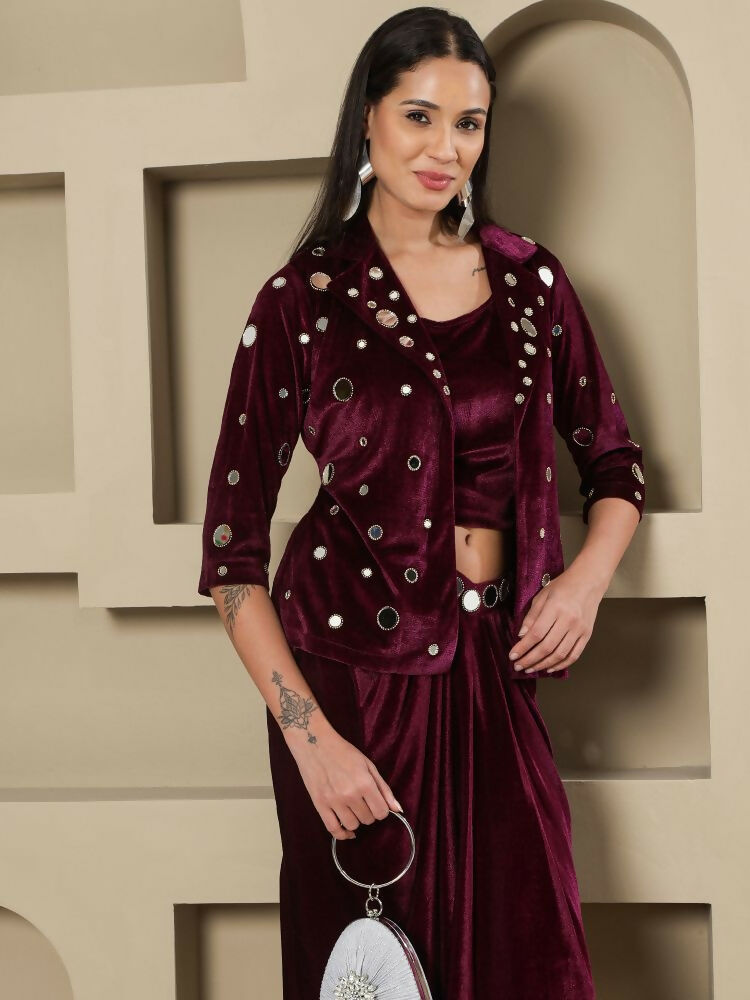 Joban Fashion Women Wine Velvet Hand Embellishment Stitched Dress - Distacart