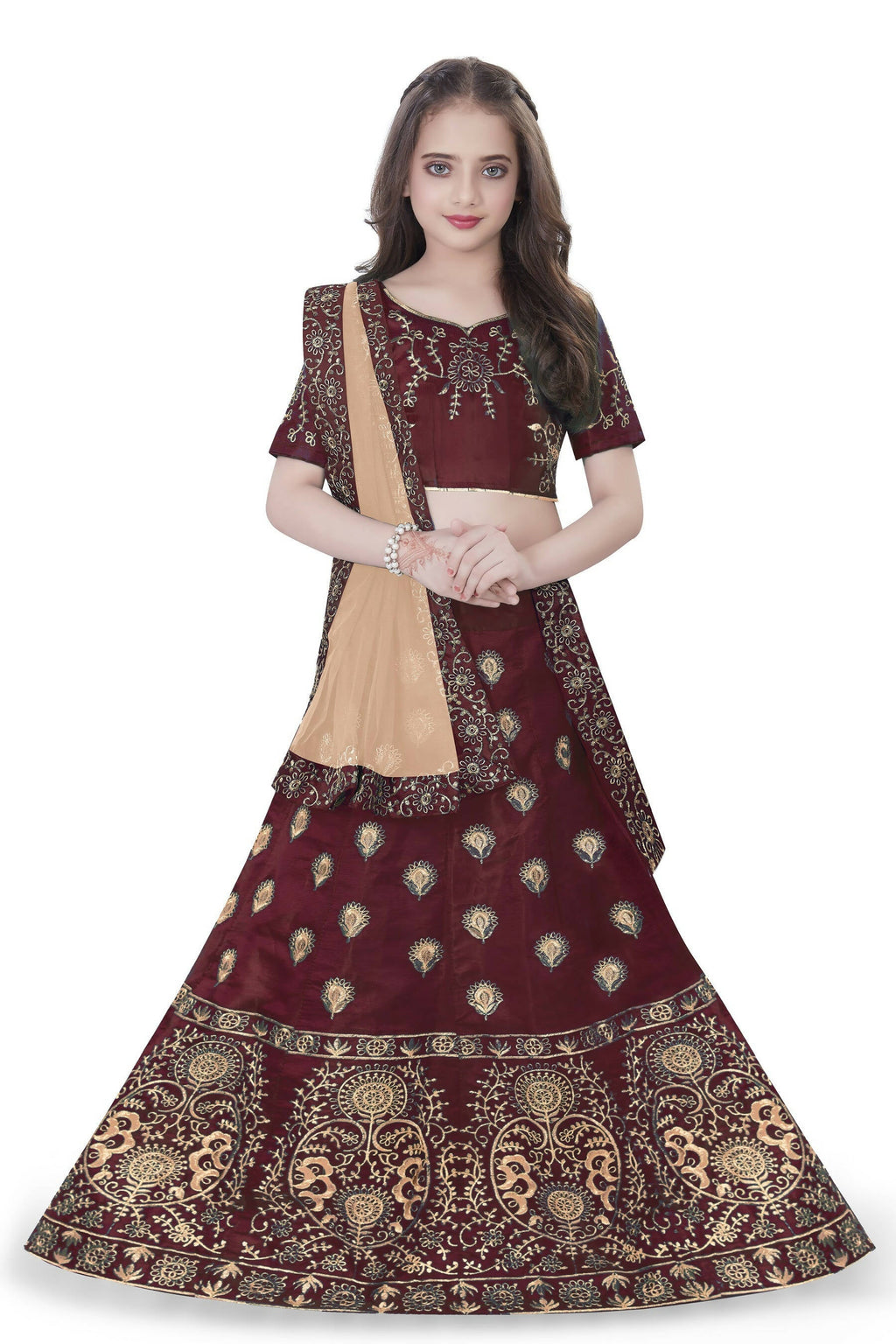 Dwiden Maroon Gulab Tafetta Sattin Semi-Stitched Girl'S Lehenga Choli