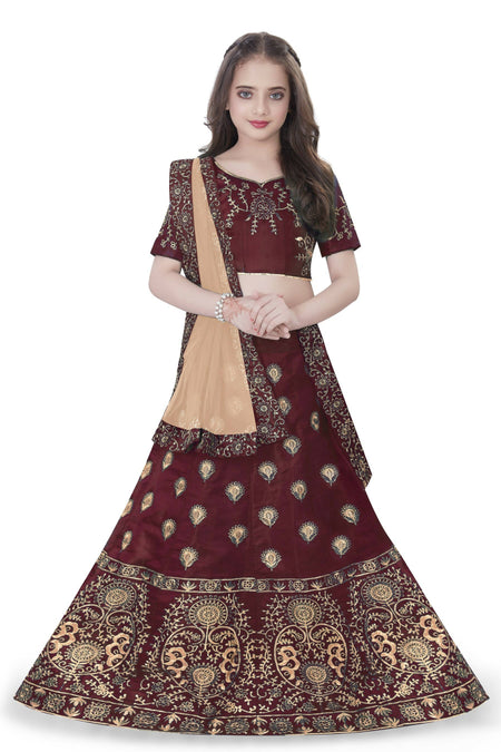 Dwiden Maroon Gulab Tafetta Sattin Semi-Stitched Girl'S Lehenga Choli