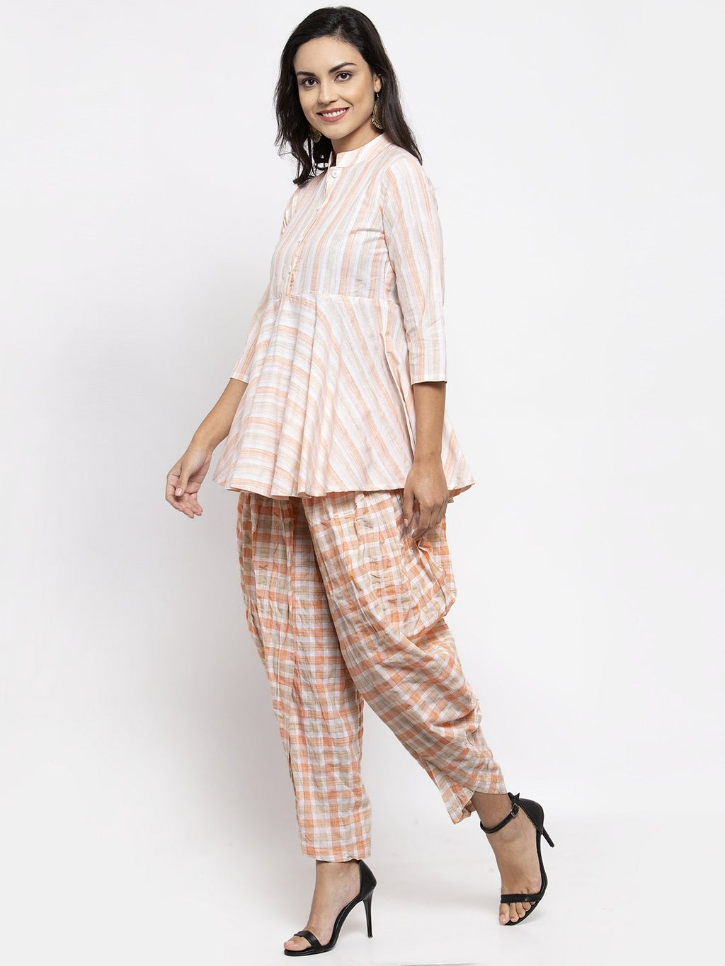Jompers Women Orange and White Striped Kurta with Dhoti Pants - Distacart