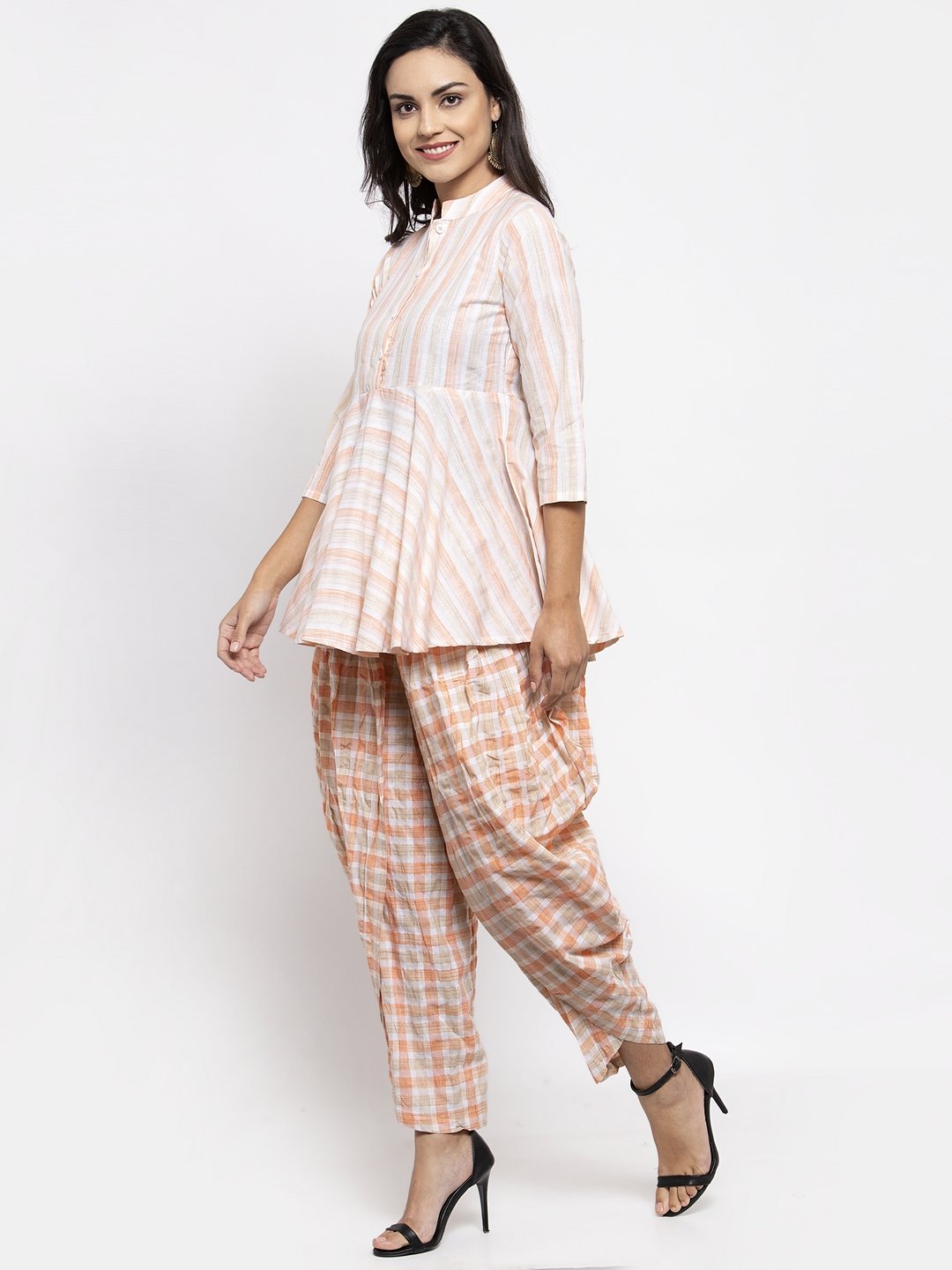Jompers Women Orange and White Striped Kurta with Dhoti Pants - Distacart